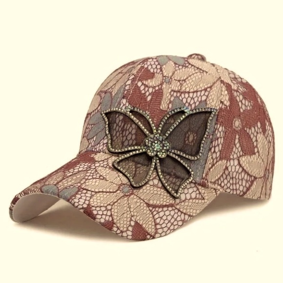 Boutique Accessories - Butterfly on Pinkish Brown & Blue Lace Baseball Cap